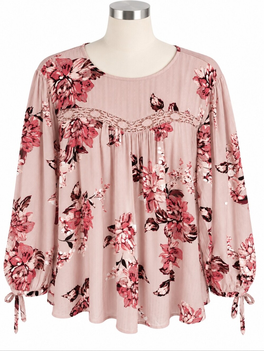 Maurices 2X Peasant Blouse Pink Floral Lace Inset Tie Cuff Boho Long Sleeve Top